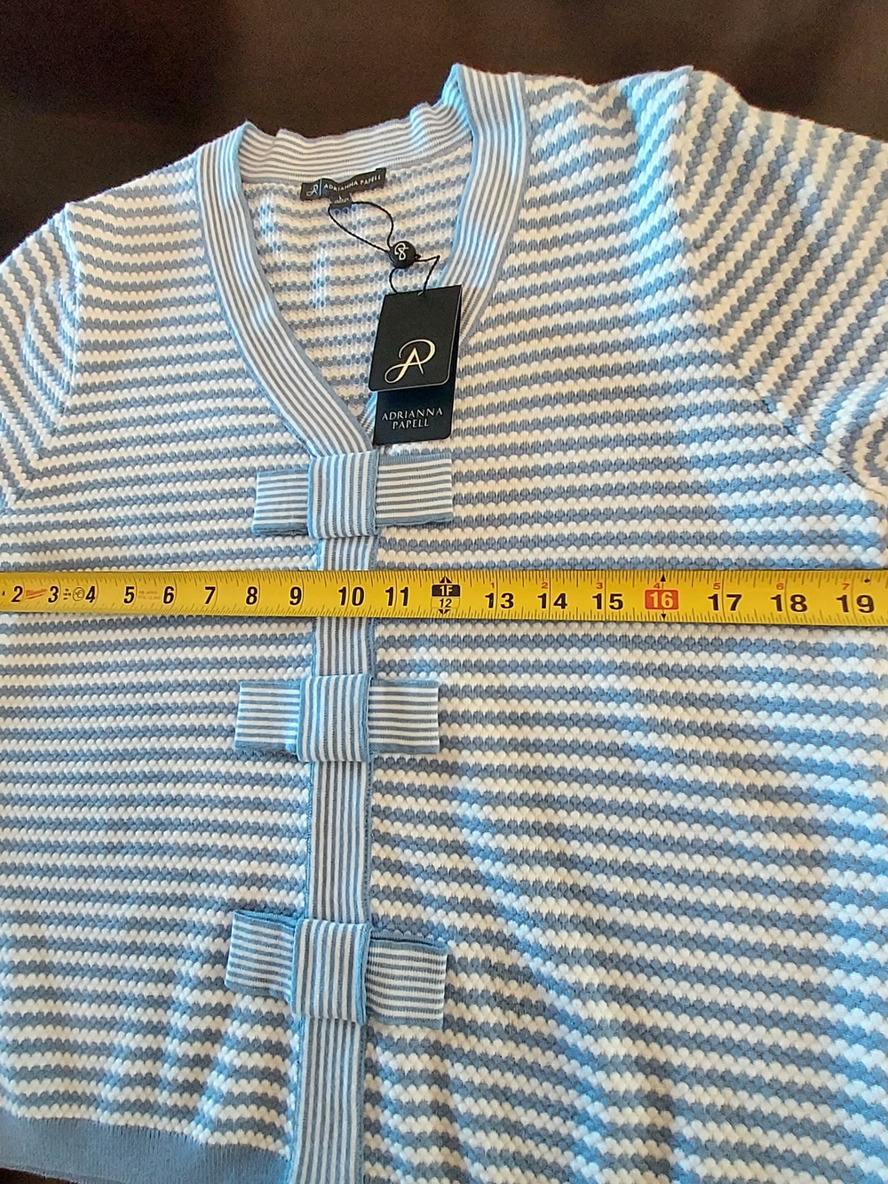Adrianna Papell Blue & White Striped Short-Sleeve Sweater with Bow Accents - Picture 11 of 12